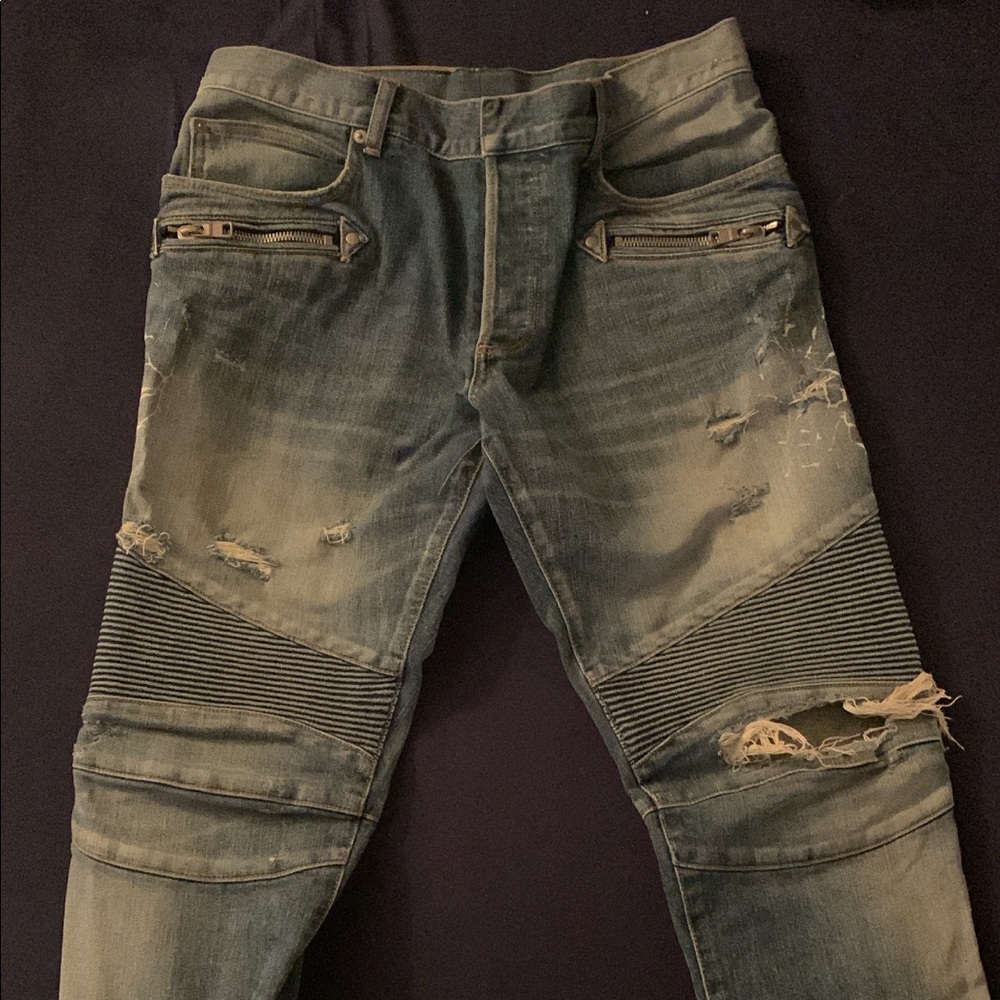 Light Blue Balmain Moto Jeans